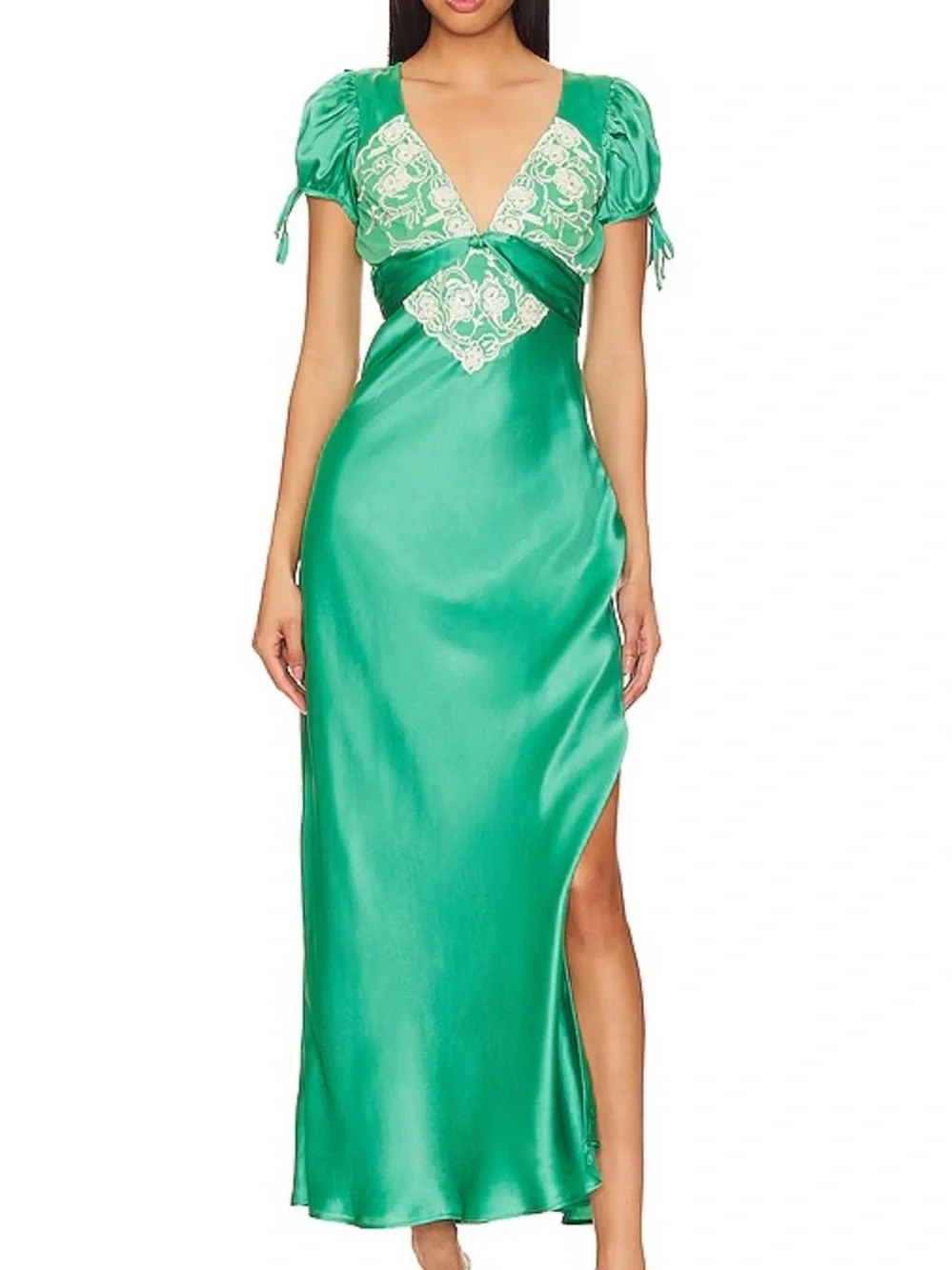 FREE PEOPLE Cooper Midi Dress | Embroidered Lace & Green Satin NWT
